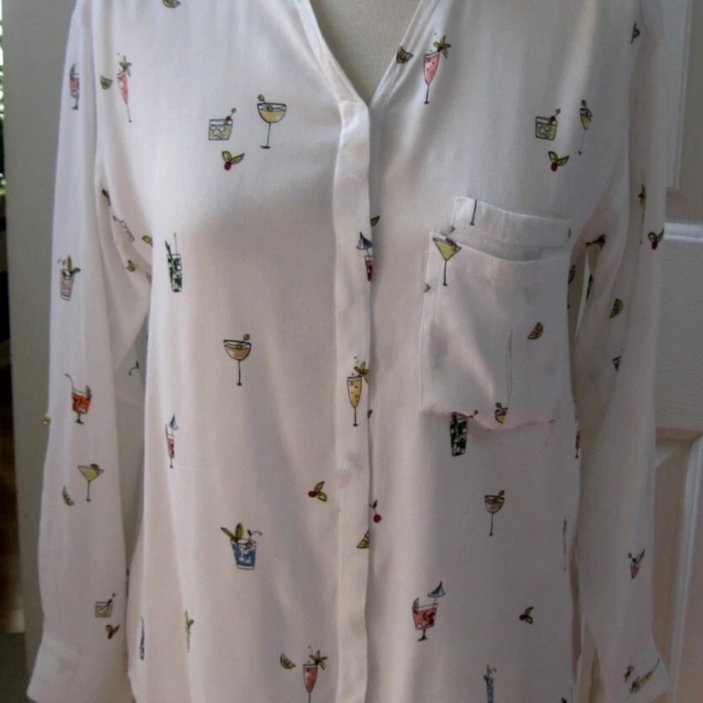 Zara White Blouse with Colorful Cocktail Print XS